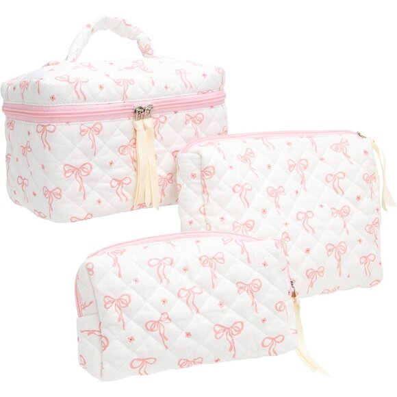 3PCS Quilted Makeup Bag Set - Stylish Bow Pink Cosmetic Case for Travel